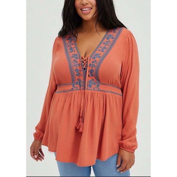 Torrid Rust Embroidered Front Babydoll Blouse Size 2X NWT - Picture 1 of 6